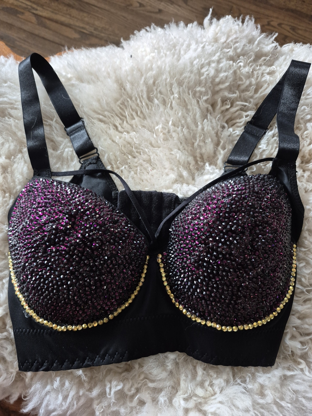 Embellished Black & Purple Push-Up Bra with Gold Accent